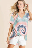 BiBi Tie Dye Print Terry V Neck Short Sleeve Top - Trendsi - Flyclothing LLC