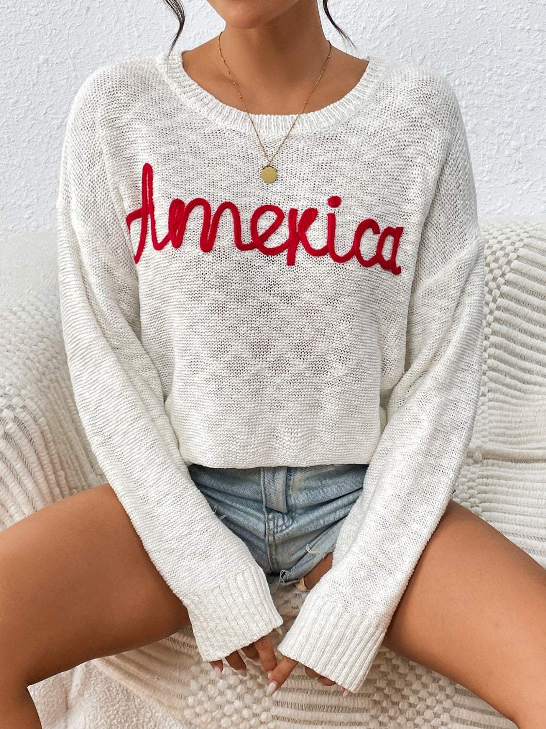 Letter Round Neck Long Sleeve Sweater - Trendsi - Flyclothing LLC