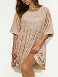 Sequin Round Neck Half Sleeve Mini Dress - Trendsi - Flyclothing LLC