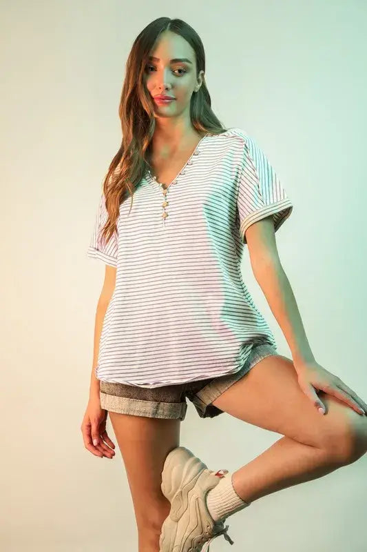 VERY J Striped V-Neck Short Sleeve T-Shirt - Trendsi - Flyclothing LLC