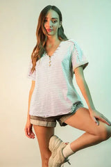 VERY J Striped V-Neck Short Sleeve T-Shirt - Trendsi - Flyclothing LLC