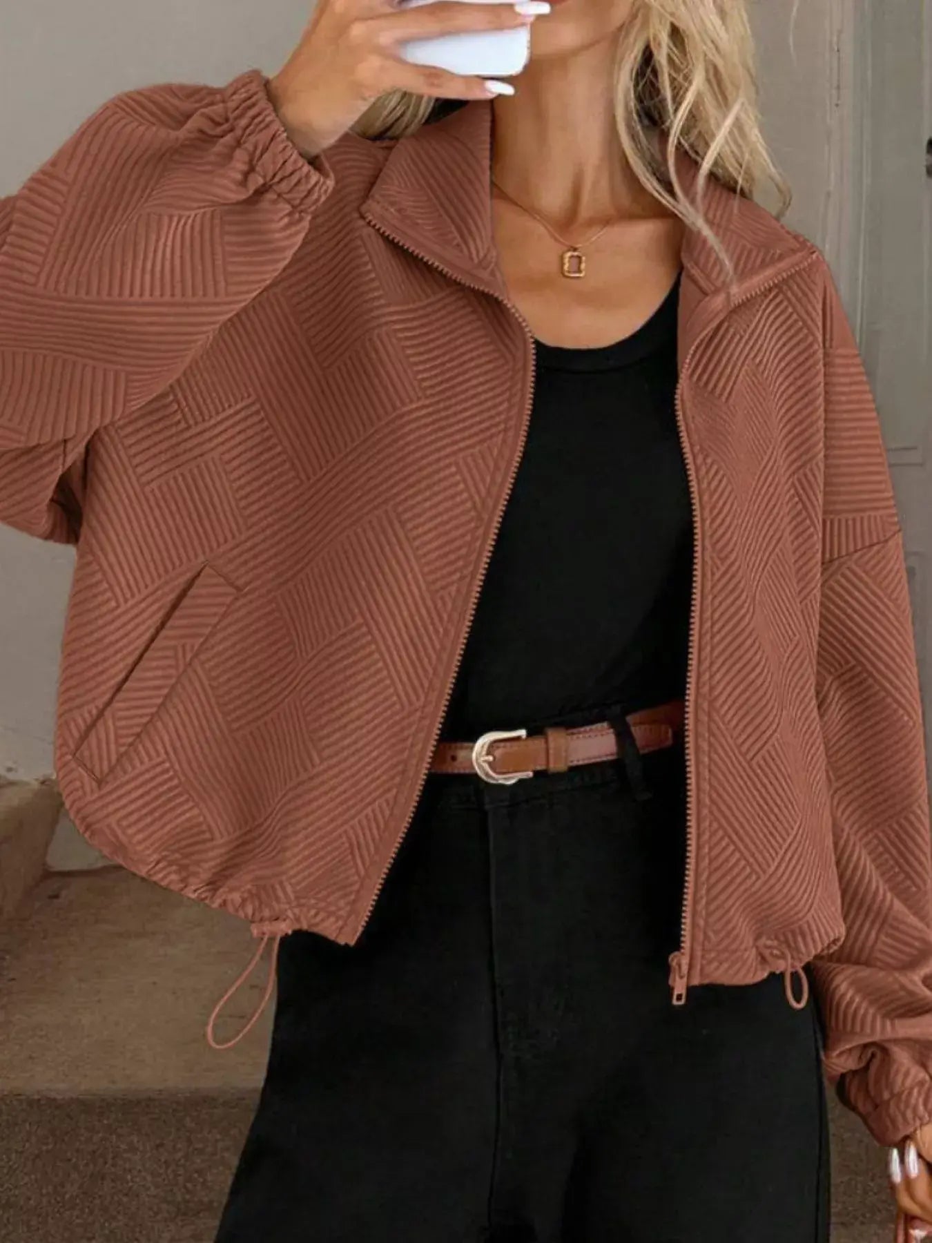Textured Zip-Up Drawstring Hem Jacket - Trendsi - Flyclothing LLC