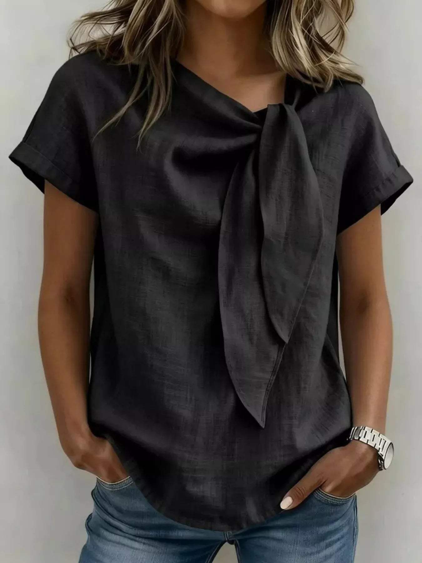 Full Size Bow Tie Neck Short Sleeve Blouse Plus Size - Trendsi - Flyclothing LLC