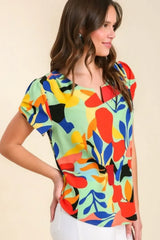 Umgee Full Size Short Sleeved Abstract Print Top Plus Size - Trendsi - Flyclothing LLC