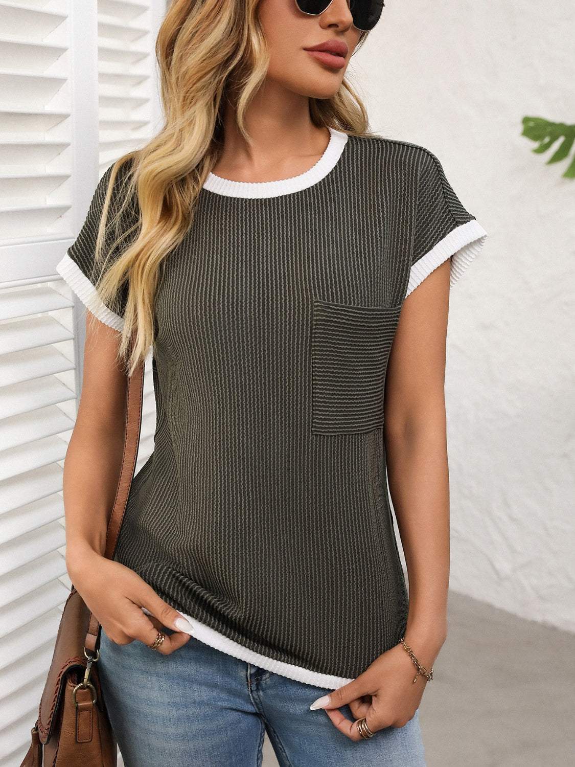 Contrast Trim Round Neck Short Sleeve T-Shirt - Trendsi - Flyclothing LLC