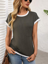 Contrast Trim Round Neck Short Sleeve T-Shirt - Trendsi - Flyclothing LLC