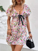 Printed V-Neck Puff Sleeve Mini Dress - Trendsi - Flyclothing LLC