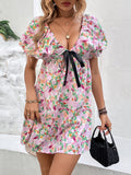 Printed V-Neck Puff Sleeve Mini Dress - Trendsi