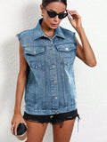 Pocketed Collared Neck Sleeveless Denim Top - Trendsi - Flyclothing LLC