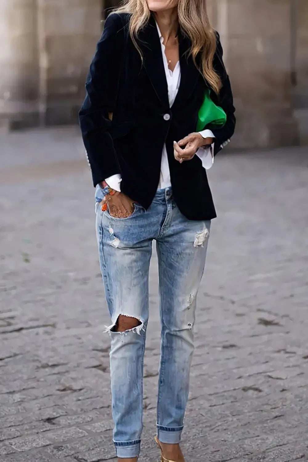 One Button Lapel Collar Long Sleeve Blazer - Trendsi - Flyclothing LLC