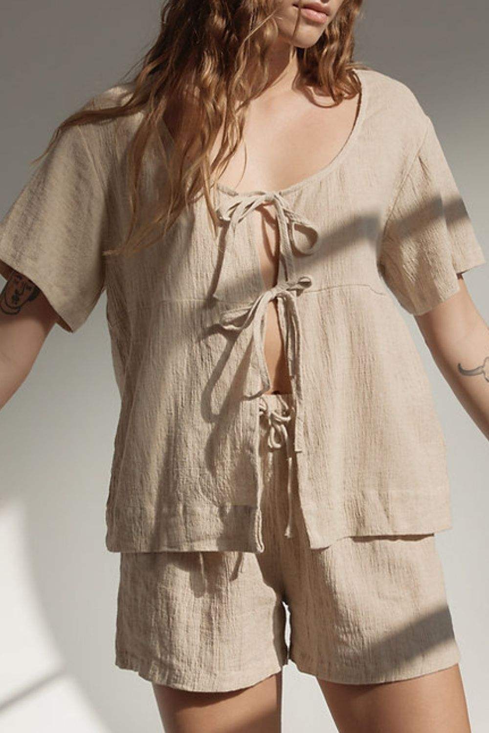 Plaid Tied Scoop Neck Short Sleeve Top and Drawstring Shorts Set - Trendsi - Flyclothing LLC