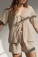 Plaid Tied Scoop Neck Short Sleeve Top and Drawstring Shorts Set - Trendsi - Flyclothing LLC