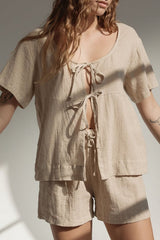 Plaid Tied Scoop Neck Short Sleeve Top and Drawstring Shorts Set - Trendsi
