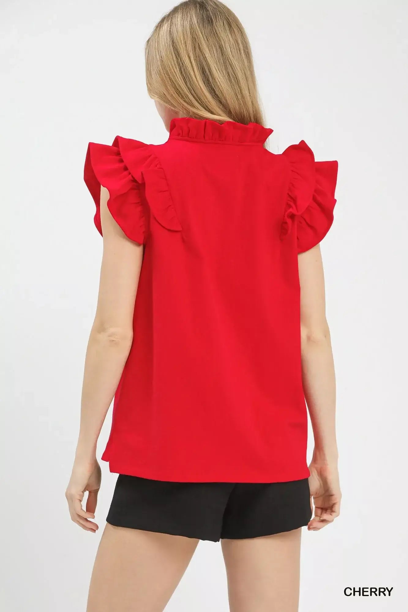 Umgee Ruffle Sleeve V-Neck Top - Trendsi - Flyclothing LLC