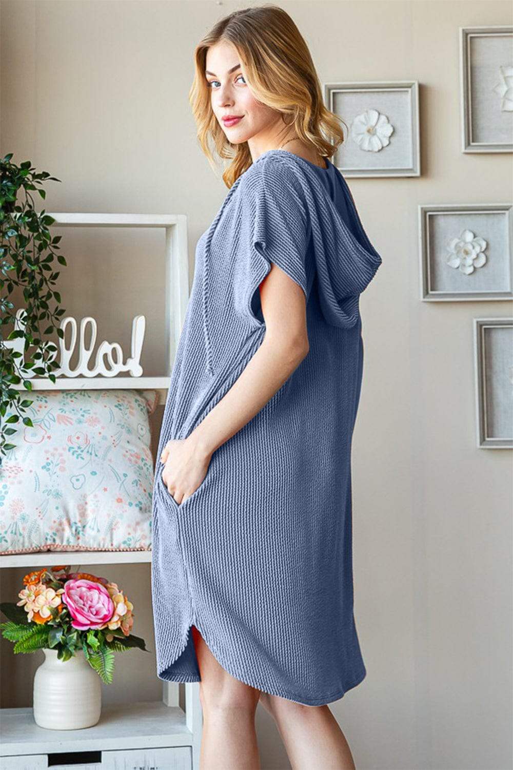 Heimish Full Size Ribbed Short Sleeve Hooded Dress - Trendsi - Flyclothing LLC