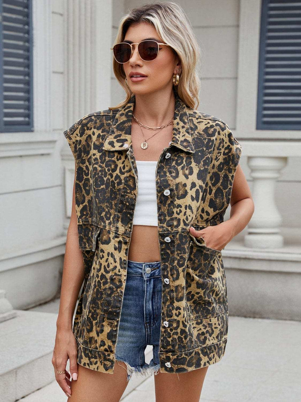 Leopard Buttton Up Denim Vest - Trendsi - Flyclothing LLC