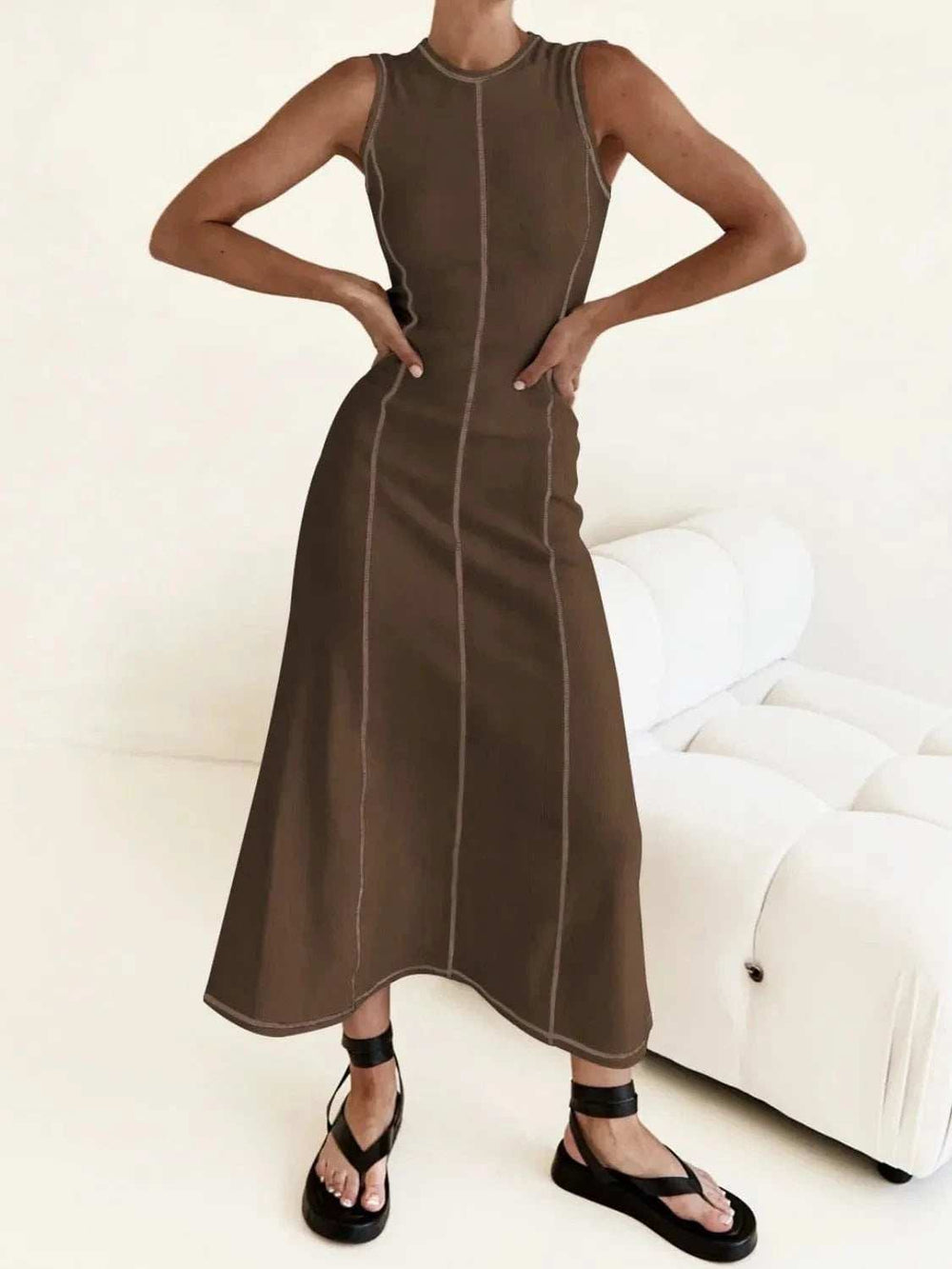 Contrast Stitching Round Neck Sleeveless Midi Dress - Trendsi - Flyclothing LLC