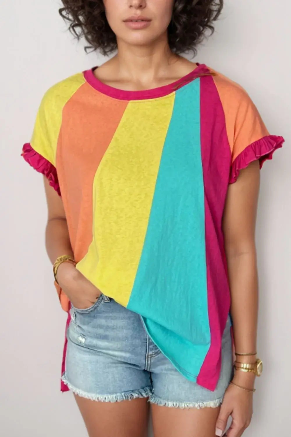 Frill Color Block Crew Neck Loose Fit T Shirt - Trendsi - Flyclothing LLC
