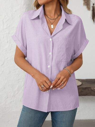 Mandy Pocketed Striped Collared Neck Short Sleeve Shirt - Trendsi - Flyclothing LLC