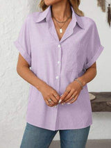 Mandy Pocketed Striped Collared Neck Short Sleeve Shirt - Trendsi - Flyclothing LLC
