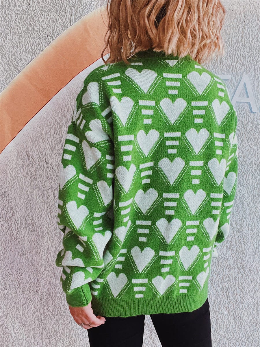 Heart Contrast Long Sleeve Dropped Shoulder Sweater - Trendsi