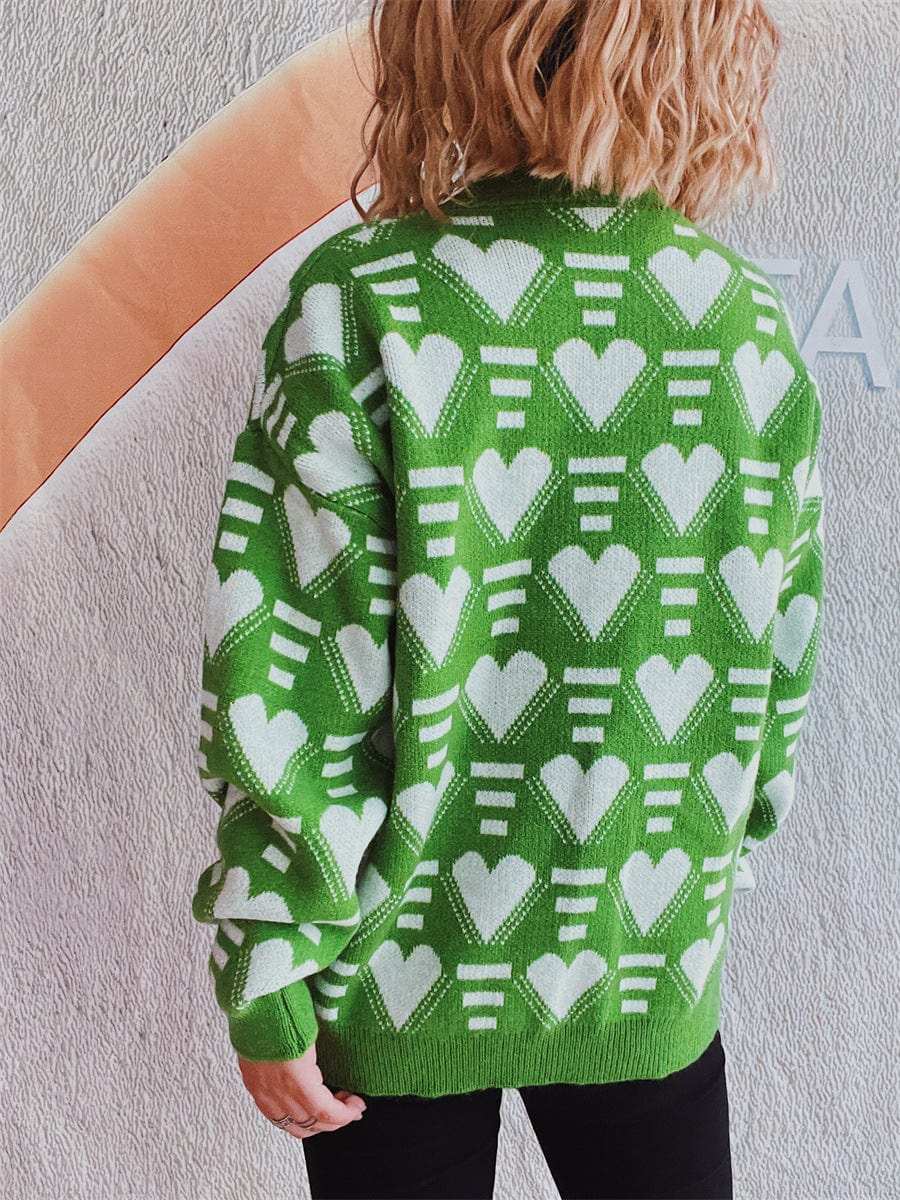 Heart Contrast Long Sleeve Dropped Shoulder Sweater - Trendsi - Flyclothing LLC