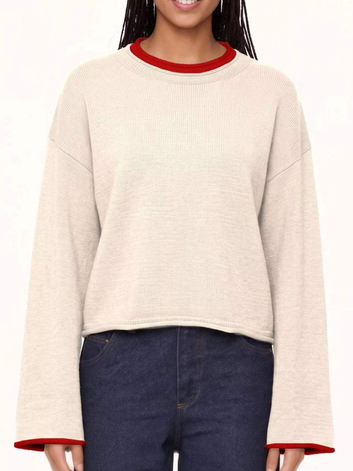 Crew Neck Dropped Shoulder Sweater - Trendsi - Flyclothing LLC