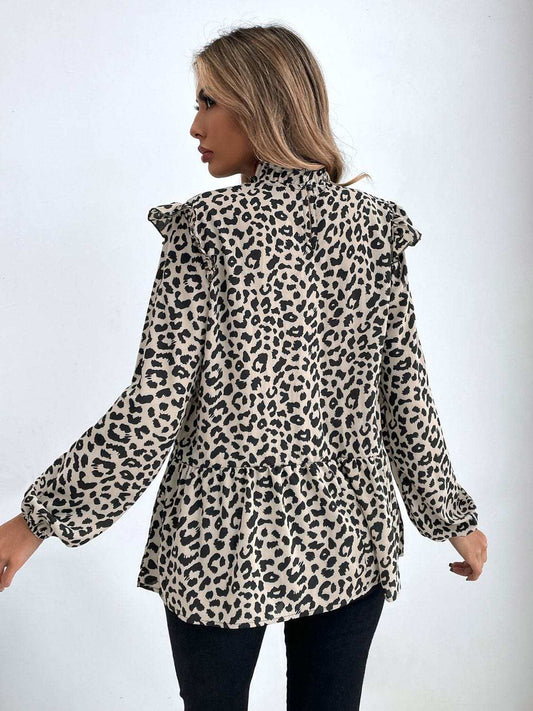 Ruffled Leopard Mock Neck Long Sleeve Blouse - Trendsi - Flyclothing LLC