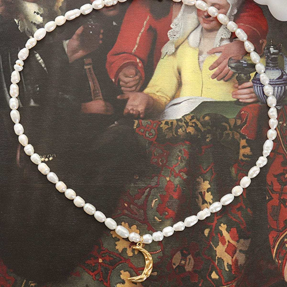 Pearl Titanium Steel Moon Shape Pendant Necklace - Trendsi - Flyclothing LLC