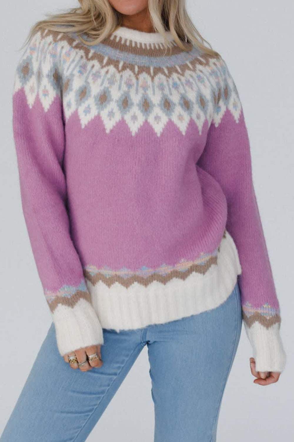 Geometric Round Neck Long Sleeve Sweater - Trendsi - Flyclothing LLC