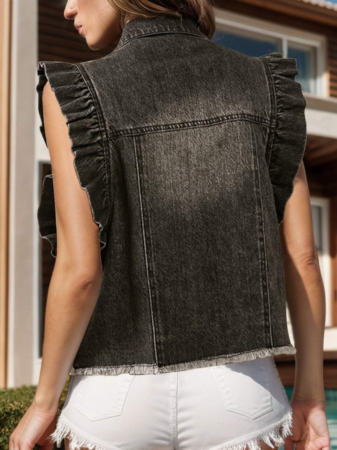 Raw Hem Ruffled Cap Sleeve Denim Jacket - Trendsi - Flyclothing LLC