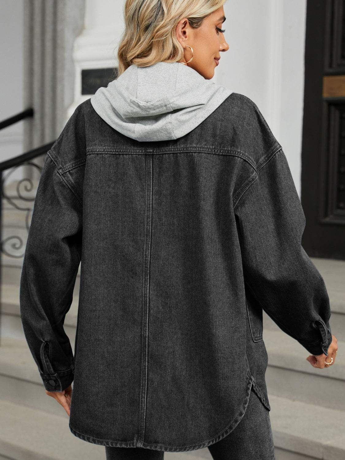 Removable Hood Button Up Long Sleeve Denim Jacket - Trendsi - Flyclothing LLC