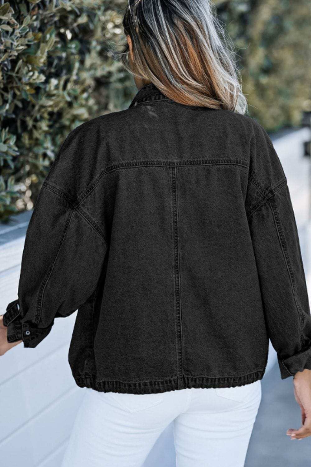 Drawstring Snap Down Denim Jacket with Chest Pockets - Trendsi - Flyclothing LLC