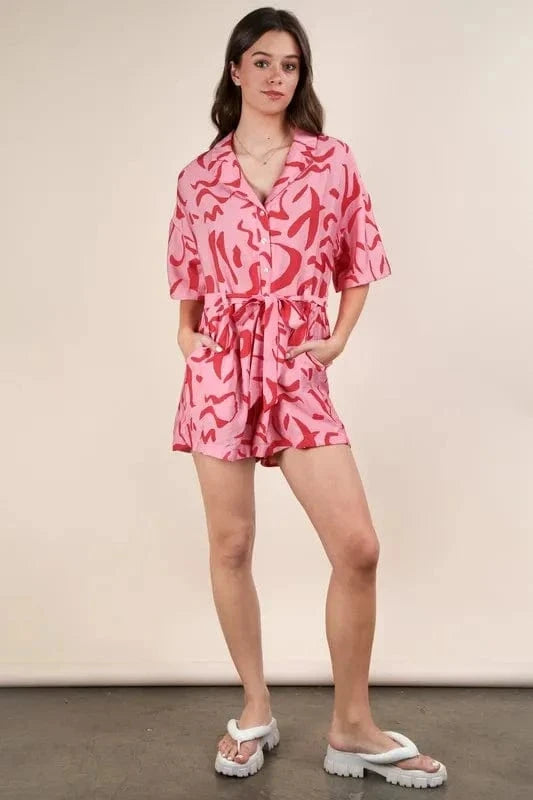 VERY J Oversized Printed Button Down Resort Romper - Trendsi