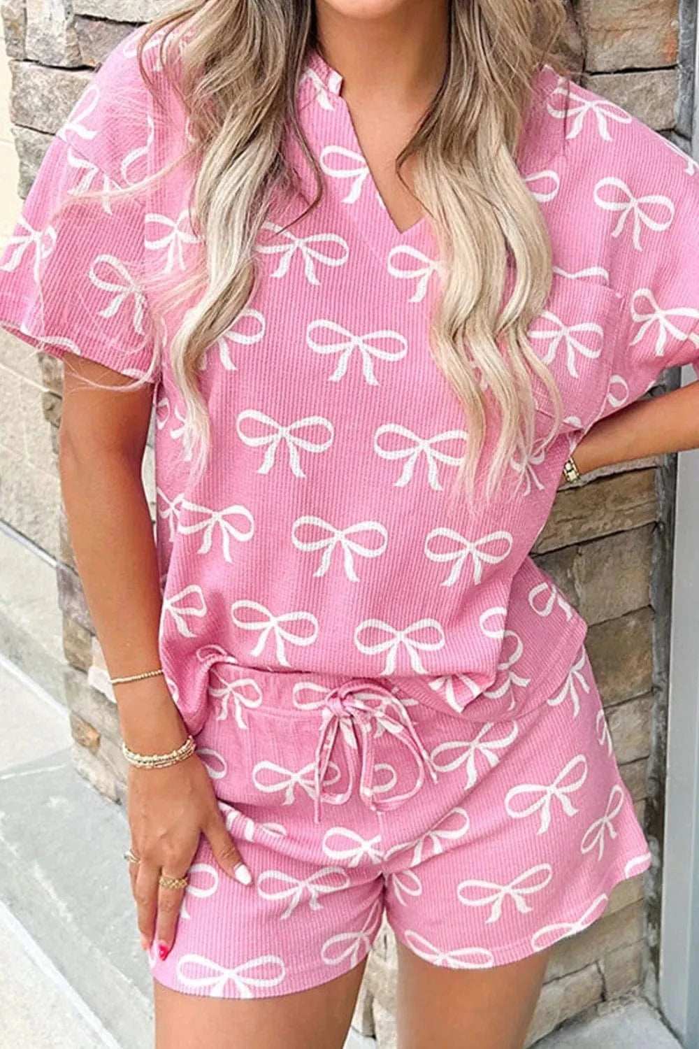 Bowknot Printed Notched T-Shirt and Shorts Set - Trendsi - Flyclothing LLC