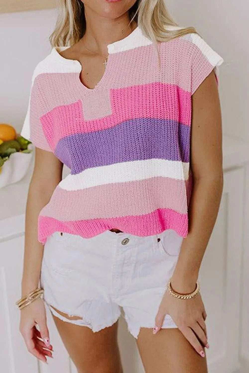 Color Block Notched Short Sleeve Knit Top - Trendsi - Flyclothing LLC