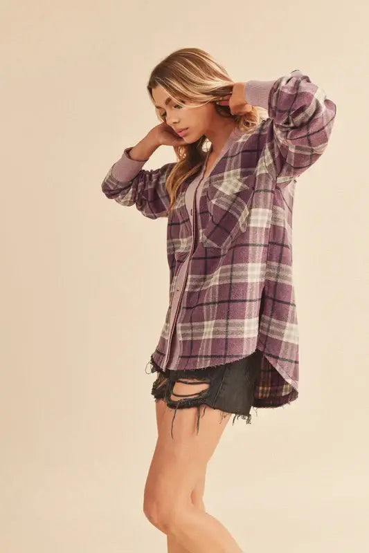 Aemi + Co Side Slit Patch Pocket Plaid Button Down Jacket - Trendsi - Flyclothing LLC