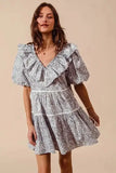 SO ME Cotton Printed Ruffle V Neckline Dress with Side Tie - Trendsi