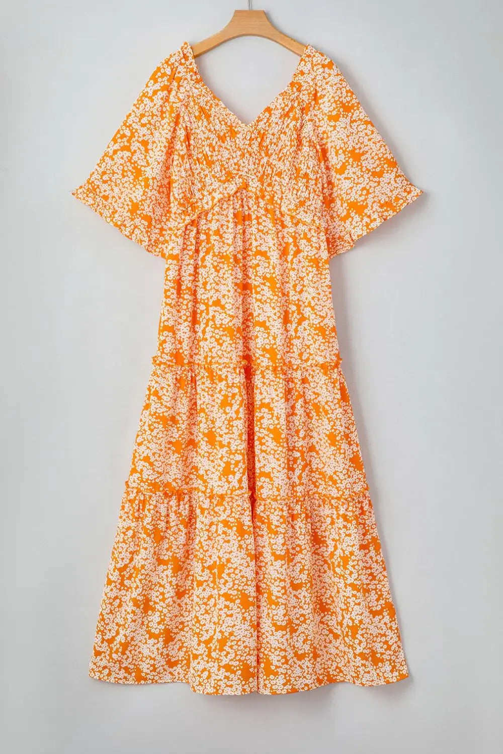 Floral Print Smocked V Neck Wide Sleeve Maxi Dress - Trendsi - Flyclothing LLC