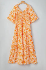 Floral Print Smocked V Neck Wide Sleeve Maxi Dress - Trendsi - Flyclothing LLC