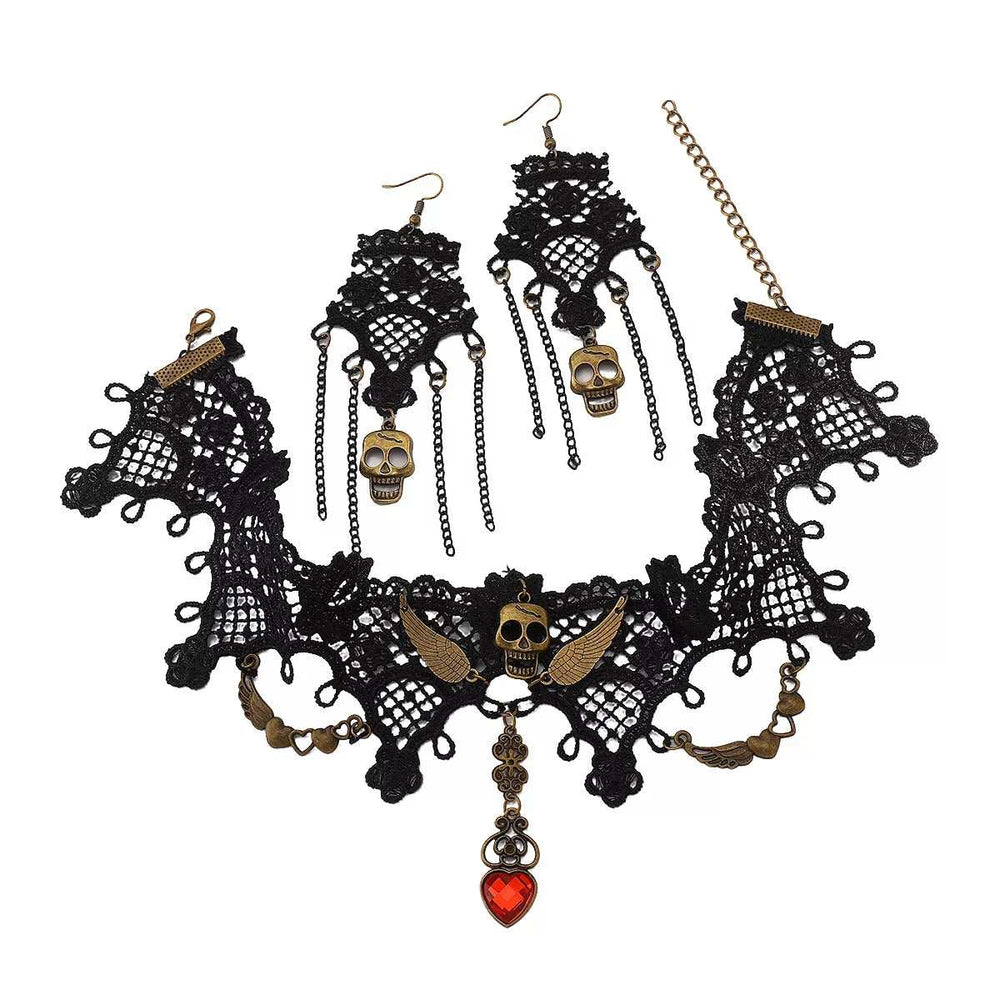 Halloween Lace Skull Necklace and Earrings Jewelry Set - Trendsi - Flyclothing LLC