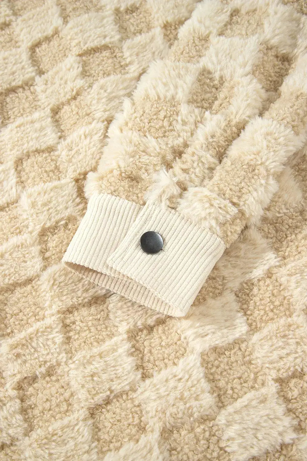 Plush Checkered Corduroy Trim Metal Button Long Sleeve Shift Silhouette Shacket - Trendsi - Flyclothing LLC