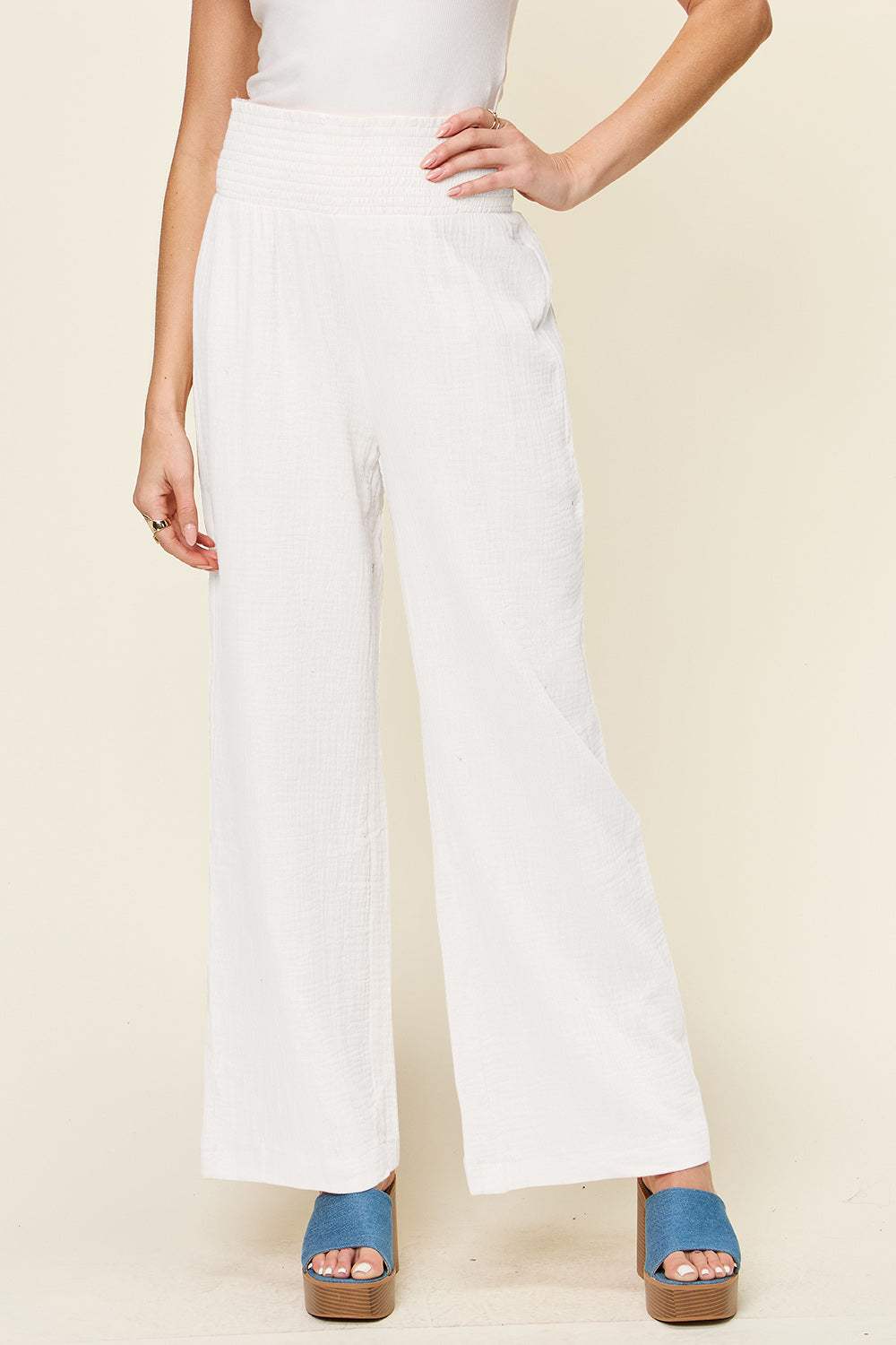 Double Take Full Size Texture Smocked Waist Wide Leg Pants - Trendsi - Flyclothing LLC