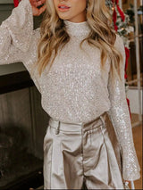 Sequin Mock Neck Bell Sleeve Top - Trendsi - Flyclothing LLC