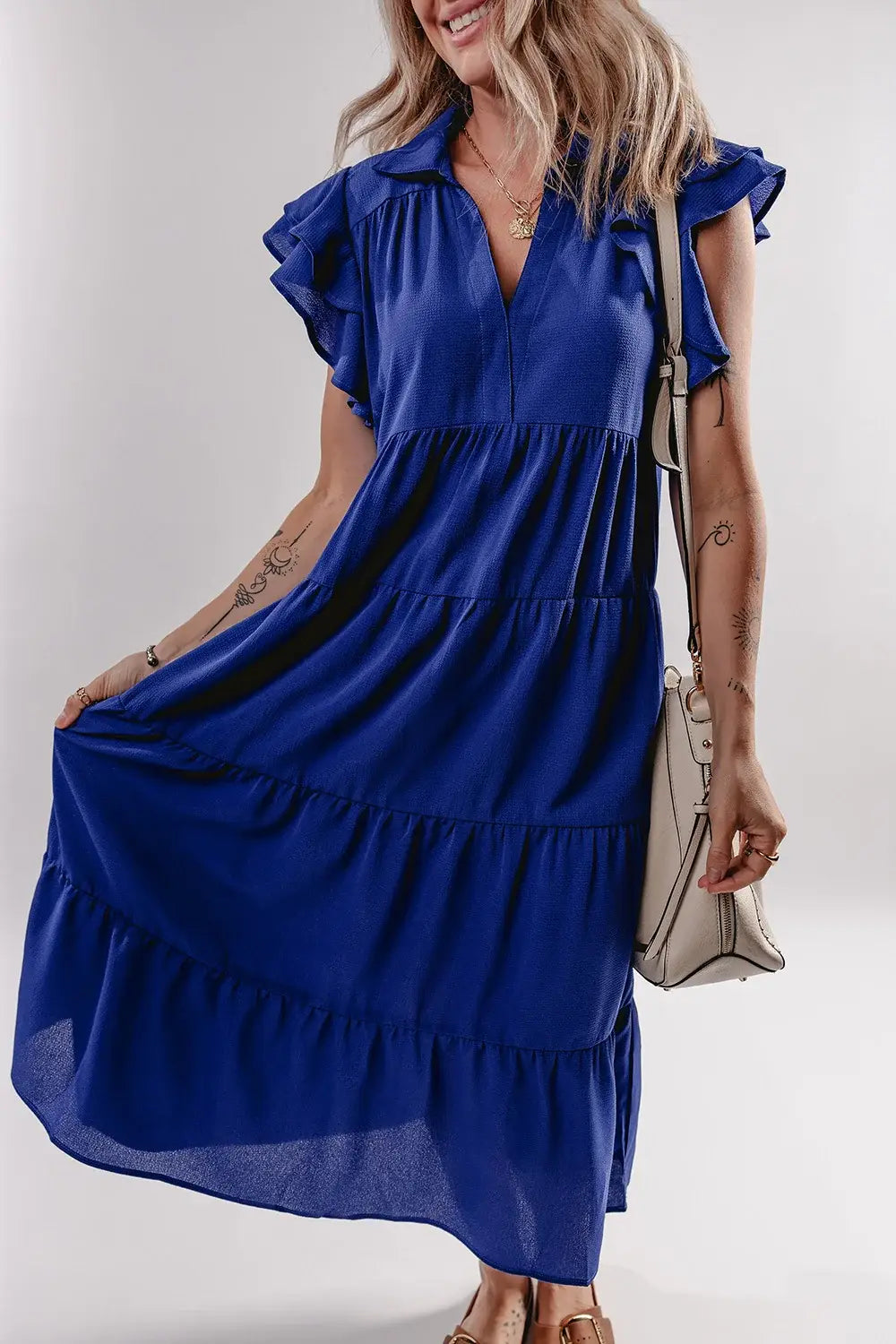 Ruffled Short Sleeve Collared V Neck Tiered Midi Dress - Trendsi - Flyclothing LLC