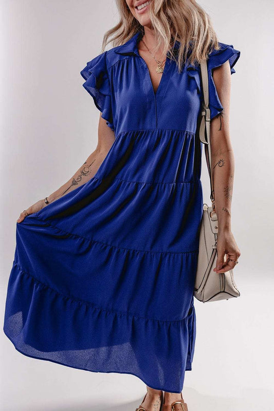 Ruffled Short Sleeve Collared V Neck Tiered Midi Dress - Trendsi - Flyclothing LLC