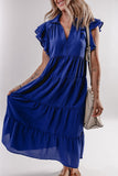 Ruffled Short Sleeve Collared V Neck Tiered Midi Dress - Trendsi