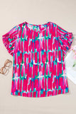 Plus Size Printed Round Neck Petal Sleeve Blouse - Trendsi - Flyclothing LLC