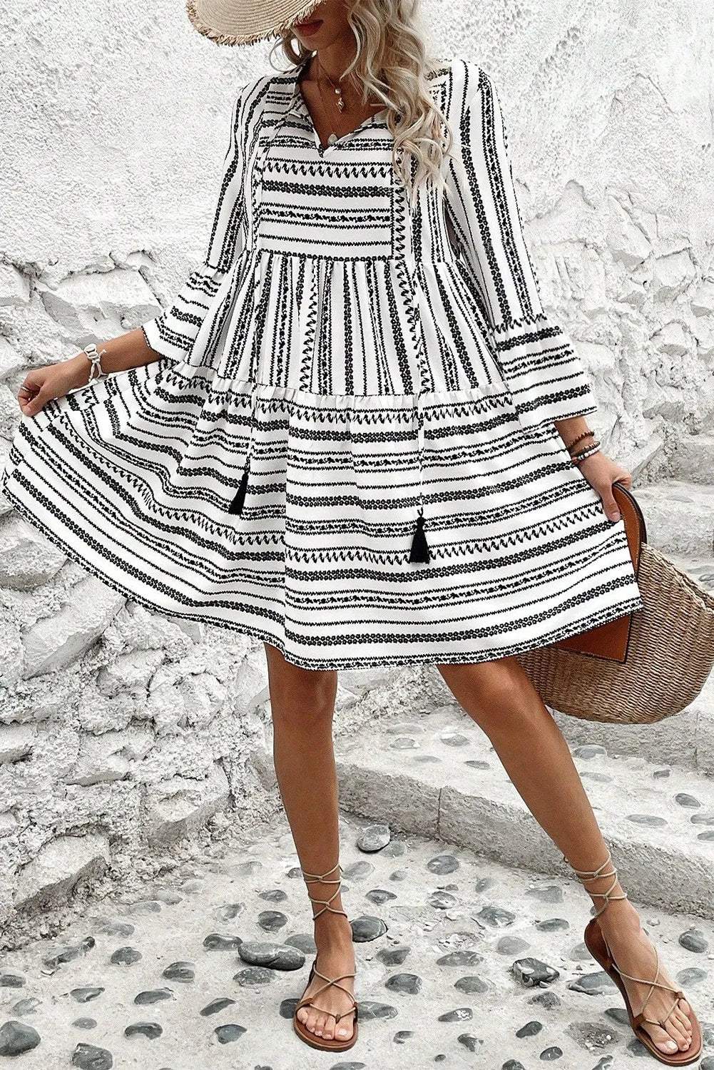 Printed Tie Neck Three-Quarter Sleeve Mini Dress - Trendsi - Flyclothing LLC