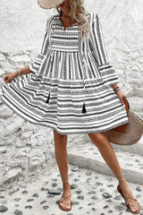 Printed Tie Neck Three-Quarter Sleeve Mini Dress - Trendsi - Flyclothing LLC